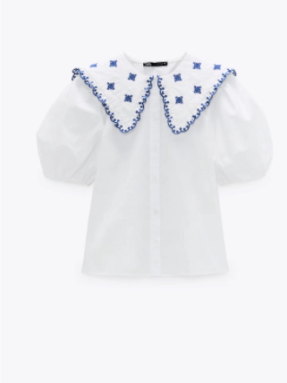 Zara Embroidered Puff Sleeve Shirt - White with Blue